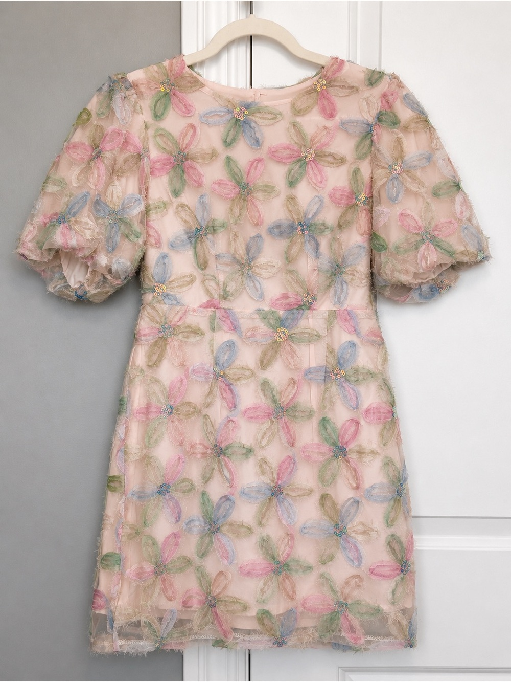 entro Pastel Floral Embroidered Puff-Sleeve Dress - Blush Pink with Blue, Green